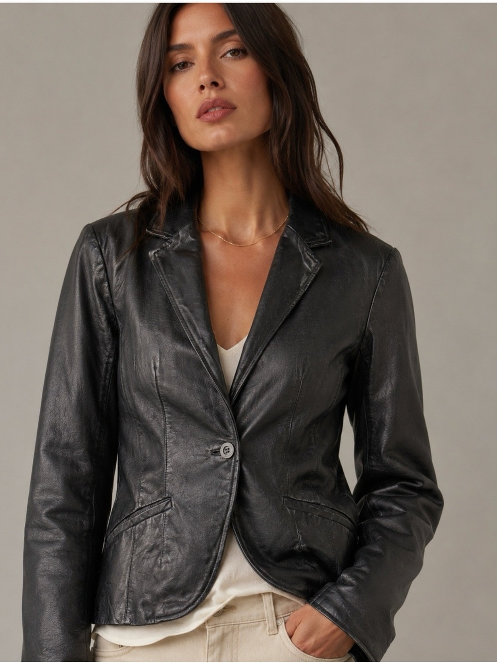 Jakett- Classic Black Leather Blazer Jacket for Women
